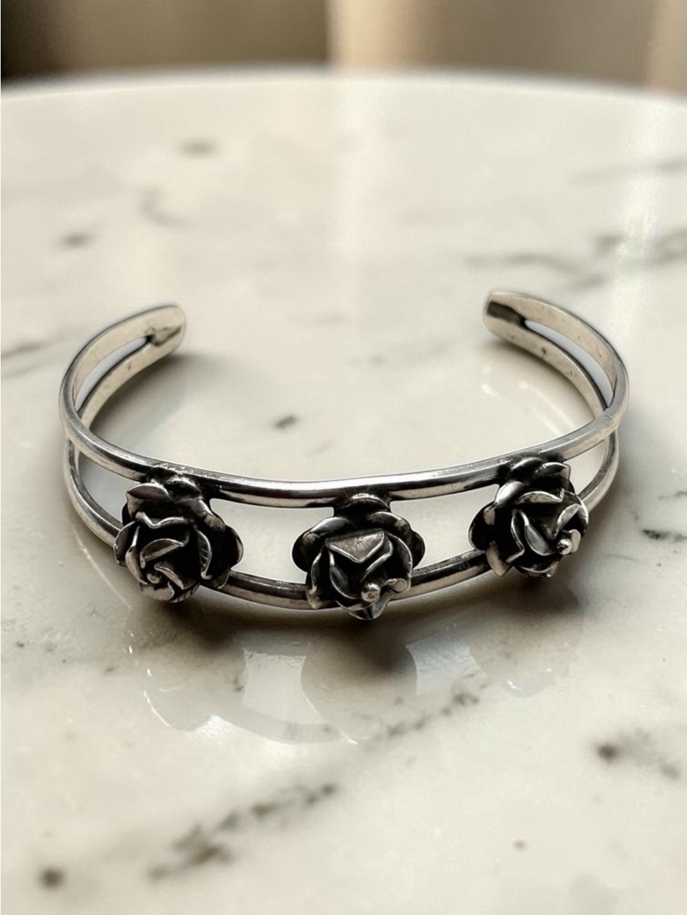 Vintage Signed Taxco Three Rose Cuff Bracelet 925 Sterling Silver 17g